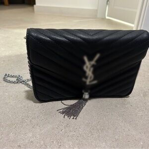 Inspired Monogram Large Wallet Bag on Chain in Grained Leather Black